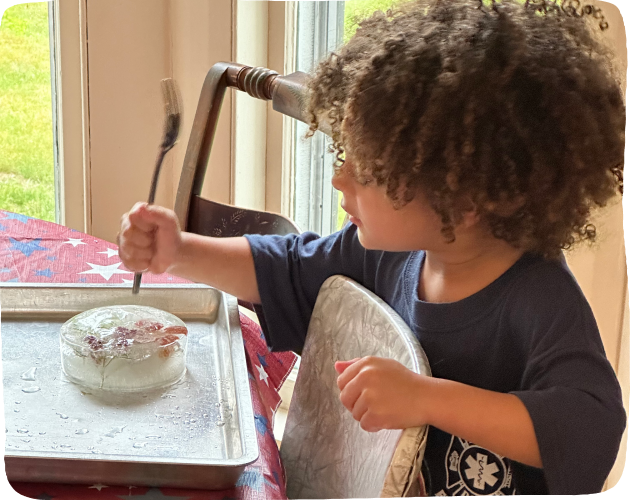 LIttle boy at a table poking a fork into a piece of ice with a flower frozen into it